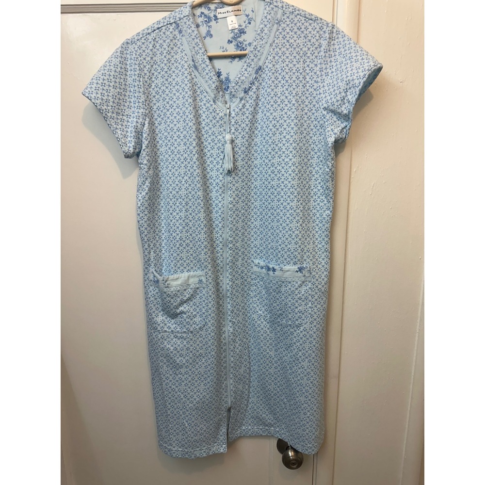 Miss Elaine Womens Blue Floral Zip Front Robe‎ Tassel Short Sleeve S 364465
